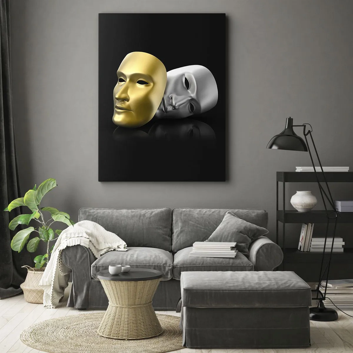 Cuadro sobre lienzo - Impresión de Imagen - Máscara de oro y plata sobre fondo negro. - 80x120cm - La vida es un teatro - Decoración de pared moderna para salón y dormitorio ARTTOR