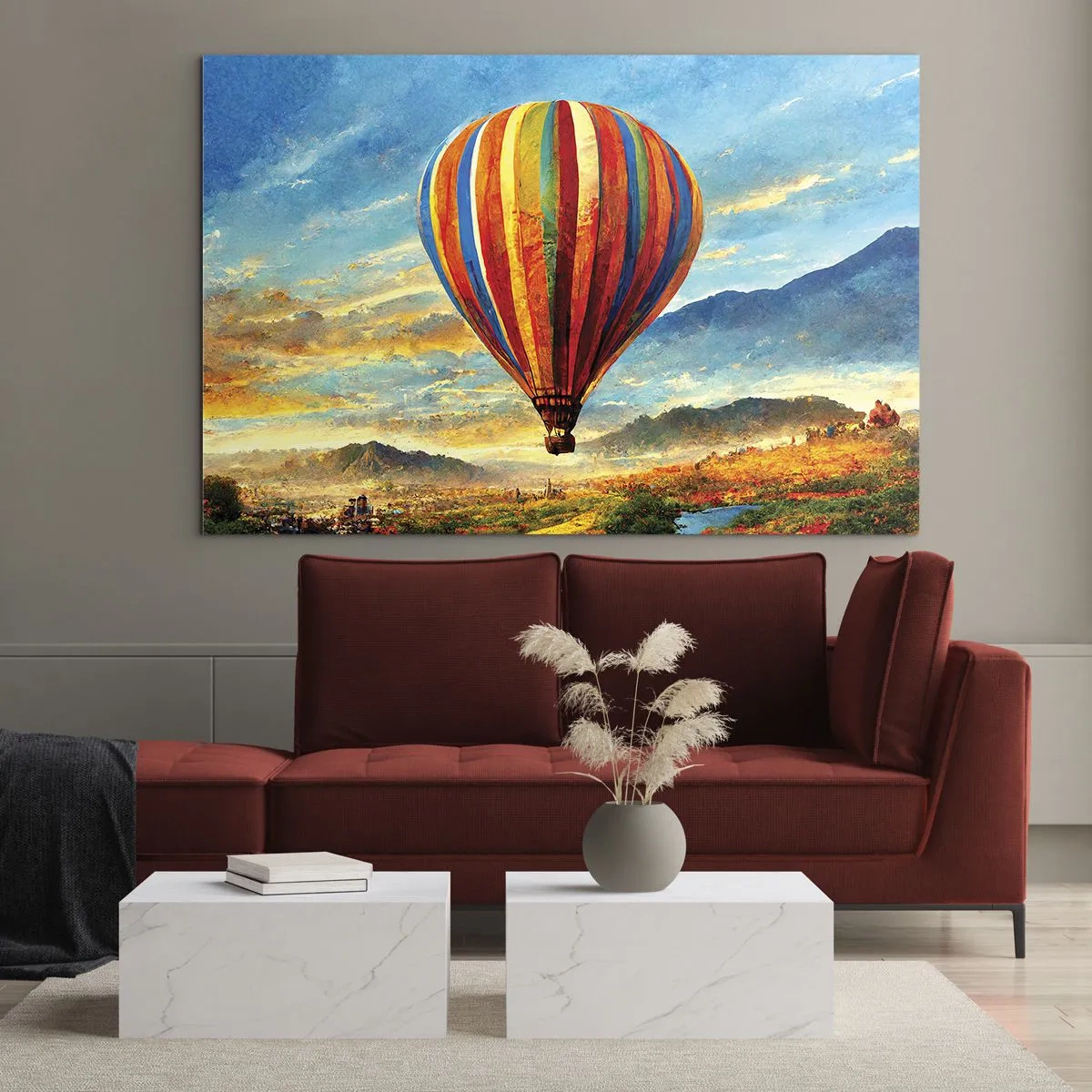 Cuadro sobre vidrio - Impresiones sobre Vidrio - Un globo colorido flotando sobre un paisaje montañoso. - 70x50cm - En silencio se ve el horizonte - Decoración de pared moderna para salón y dormitorio ARTTOR