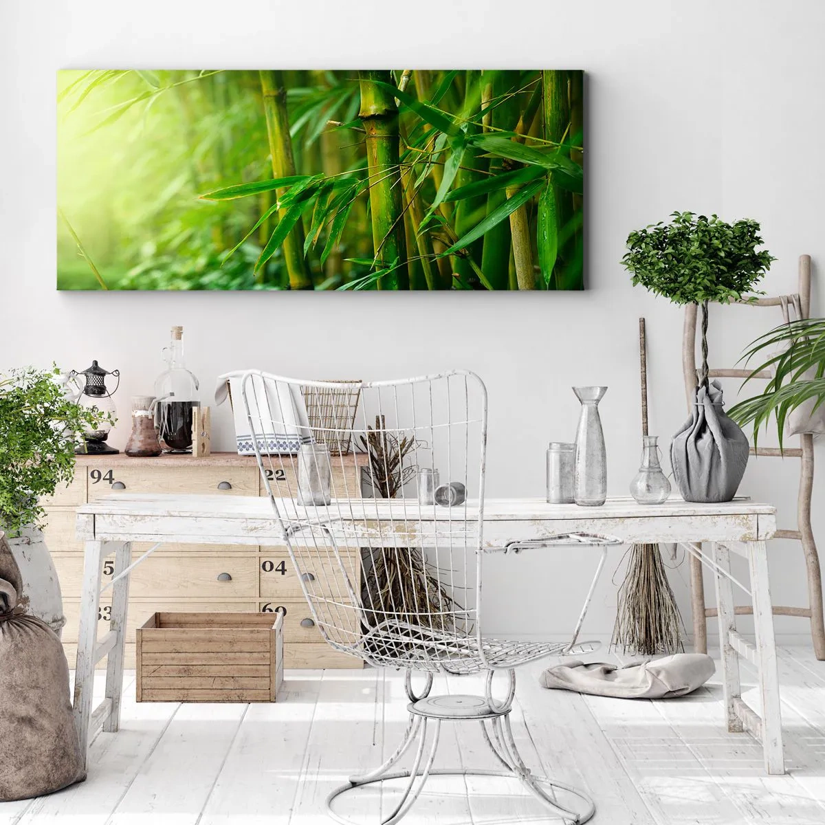 Cuadro sobre lienzo - Impresión de Imagen - Bosque de bambú verde bajo una luz suave - 140x50cm - Conocer el propio verdor - Decoración de pared moderna para salón y dormitorio ARTTOR