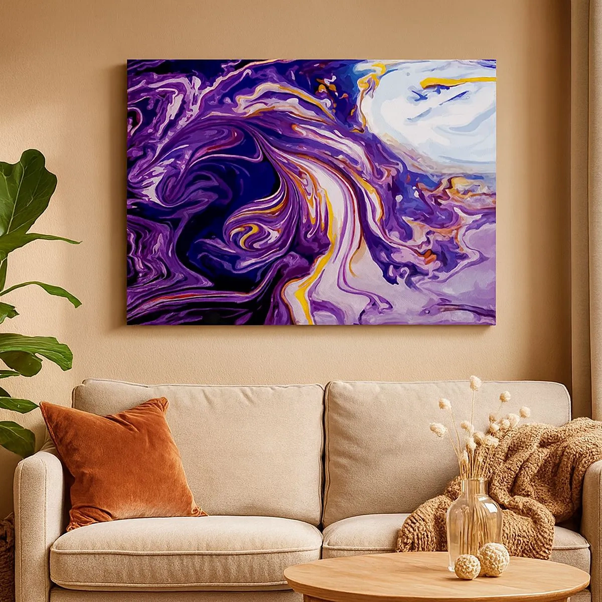 Cuadro sobre lienzo - Impresión de Imagen - Un patrón abstracto dinámico en tonos morado y amarillo. - 70x50cm - Una curva en el violeta - Decoración de pared moderna para salón y dormitorio ARTTOR