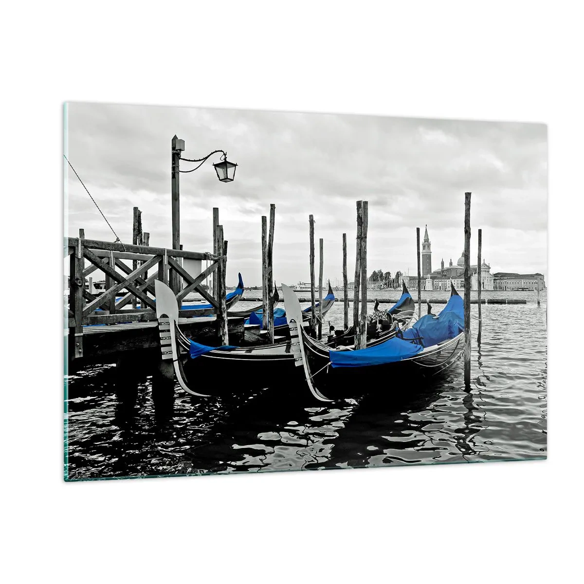Cuadro sobre vidrio - Impresiones sobre Vidrio - Góndolas azules con el paisaje veneciano como telón de fondo - 120x80cm - Venecia en el pensamiento - Decoración de pared moderna para salón y dormitorio ARTTOR