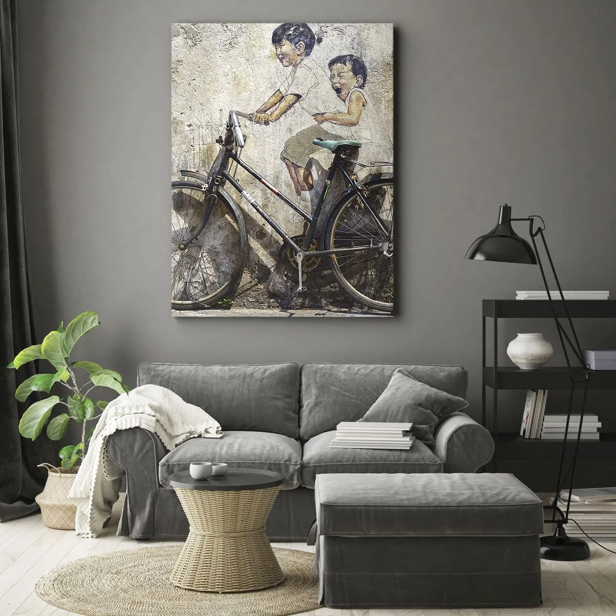 Cuadro sobre lienzo - Impresión de Imagen - Arte callejero con una bicicleta y dibujos infantiles en la pared. - 50x70cm - ¿Verdadero o falso? - Decoración de pared moderna para salón y dormitorio ARTTOR