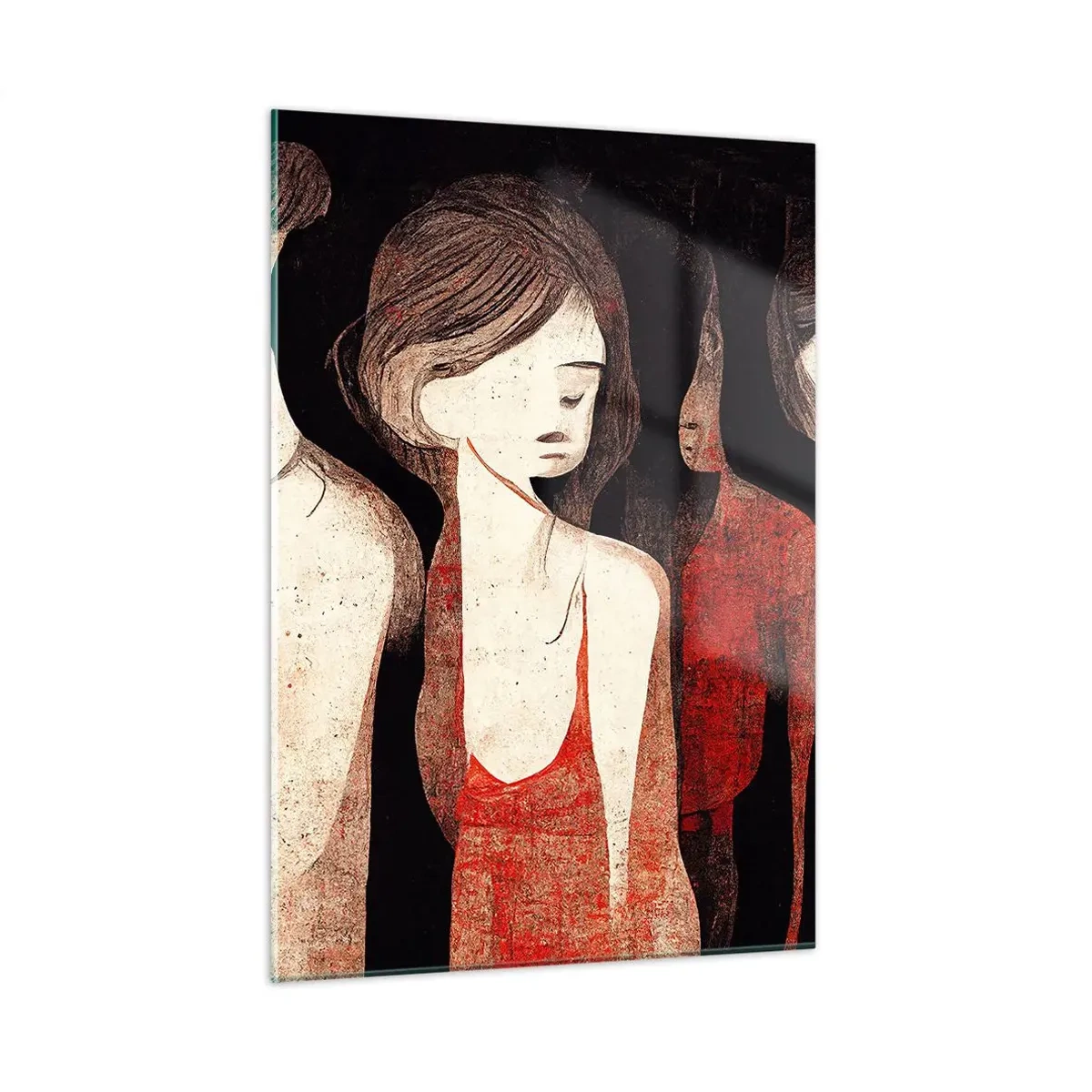 Cuadro sobre vidrio - Impresiones sobre Vidrio - Siluetas femeninas abstractas en rojo sobre fondo negro - 50x70cm - Madonnas de la oscuridad - Decoración de pared moderna para salón y dormitorio ARTTOR