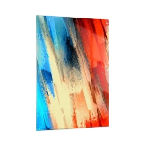 Cuadro sobre vidrio - Impresiones sobre Vidrio - Pinceladas abstractas en tonos azul, rojo y beige. - 50x70cm - Una cascada de colores - Decoración de pared moderna para salón y dormitorio ARTTOR
