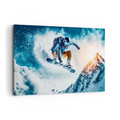 Cuadro sobre lienzo - Impresión de Imagen - Un snowboarder vuela sobre montañas nevadas. - 120x80cm - Emociones extremas - Decoración de pared moderna para salón y dormitorio ARTTOR
