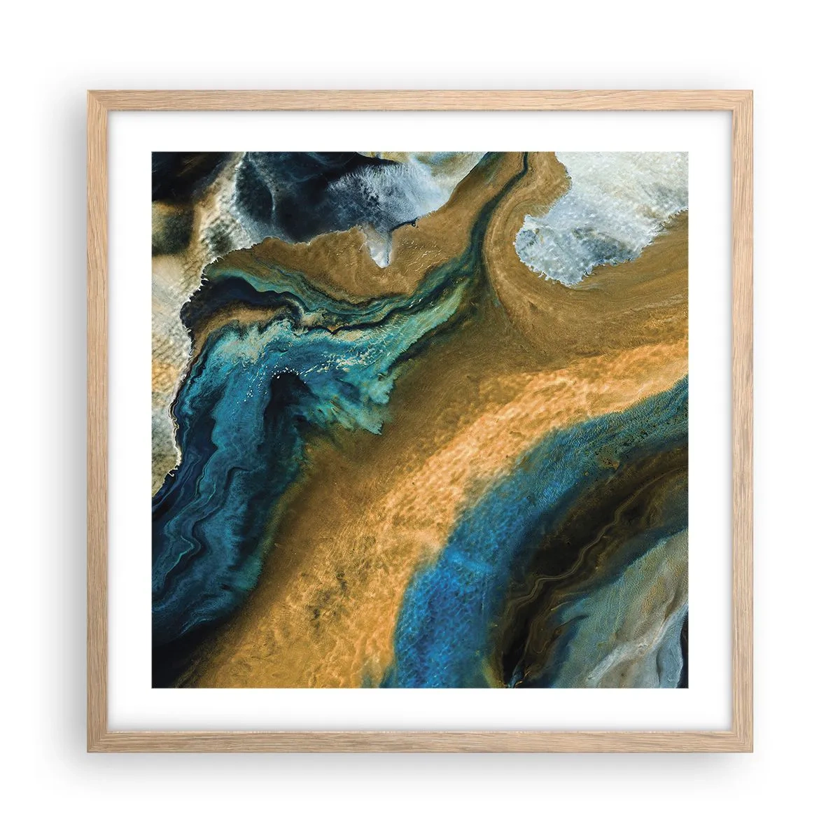 Póster en marco roble claro - Azul - amarillo - influencia mutua - 50x50 cm