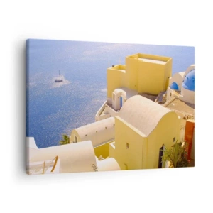 Cuadro sobre lienzo - Impresión de Imagen - Arquitectura griega con vistas al mar y un barco al fondo. - 70x50cm - Paisaje griego en blanco y azul - Decoración de pared moderna para salón y dormitorio ARTTOR