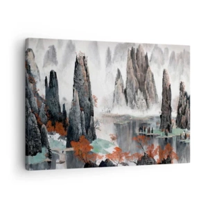 Cuadro sobre lienzo - Impresión de Imagen - Rocas y árboles pintorescos en el brumoso paisaje chino - 70x50cm - Poderosos guardianes - Decoración de pared moderna para salón y dormitorio ARTTOR