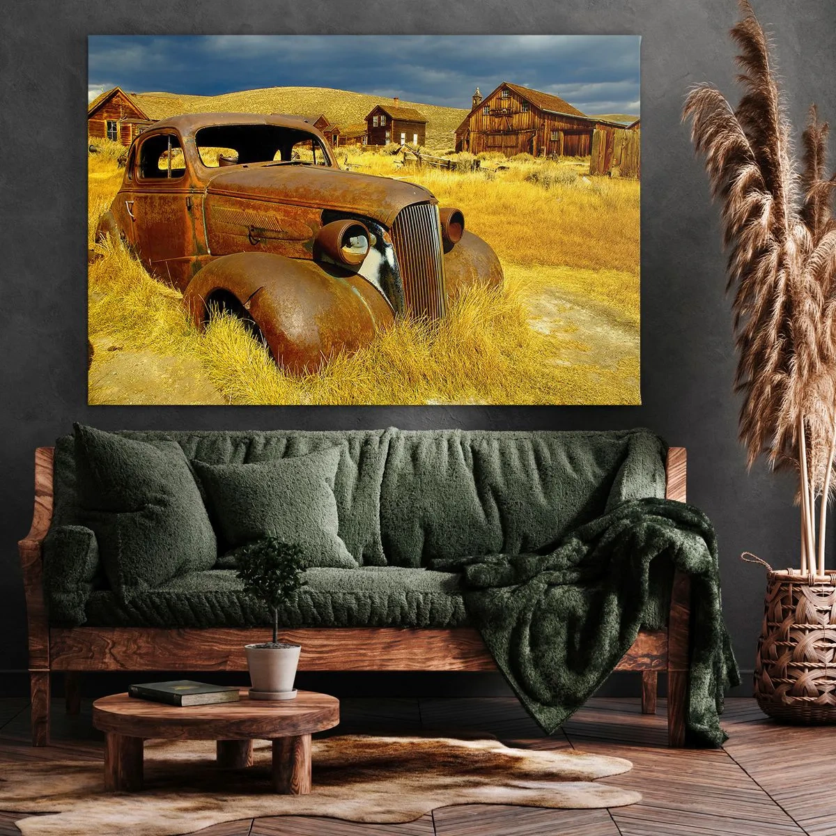 Cuadro sobre lienzo - Impresión de Imagen - Un viejo coche oxidado con el telón de fondo de cabañas de madera abandonadas. - 120x80cm - Un merecido descanso - Decoración de pared moderna para salón y dormitorio ARTTOR