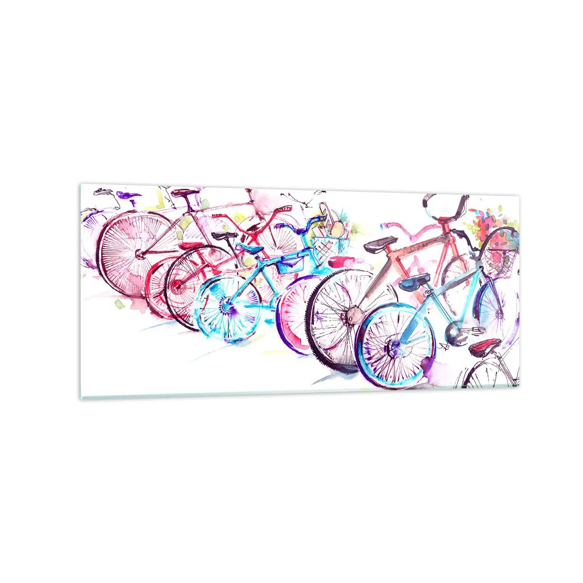 Cuadro sobre vidrio - Impresiones sobre Vidrio - Bicicletas coloridas en un estilo artístico de acuarela. - 120x50cm - Reunión de ciclistas - Decoración de pared moderna para salón y dormitorio ARTTOR