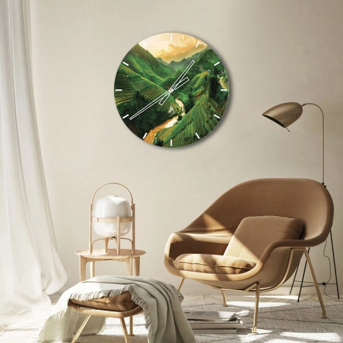 Reloj de pared - Reloj de vidrio - Terrazas de arroz entre las montañas al atardecer - 30x30cm - Valle vietnamita - Decoración de pared moderna para salón, cocina y dormitorio ARTTOR