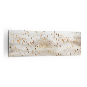 Cuadro sobre lienzo - Impresión de Imagen - Pájaros dorados contra las montañas brumosas - 160x50cm - Es hora... - Decoración de pared moderna para salón y dormitorio ARTTOR