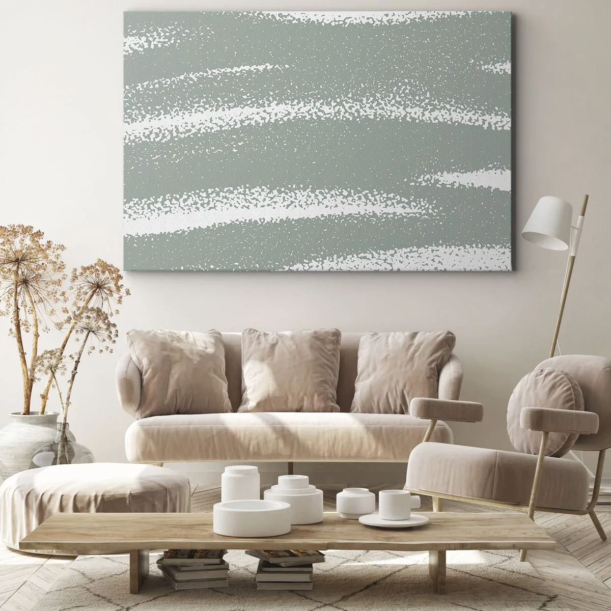 Cuadro sobre lienzo - Impresión de Imagen - Ondas invernales en tonos menta y blanco. - 70x50cm - Abstracción invernal - Decoración de pared moderna para salón y dormitorio ARTTOR