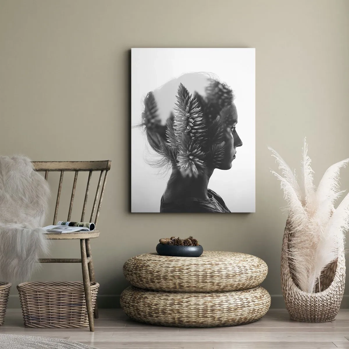 Cuadro sobre lienzo - Impresión de Imagen - Un retrato sutil con elementos de la naturaleza. - 80x120cm - La dama del bosque de pinos - Decoración de pared moderna para salón y dormitorio ARTTOR