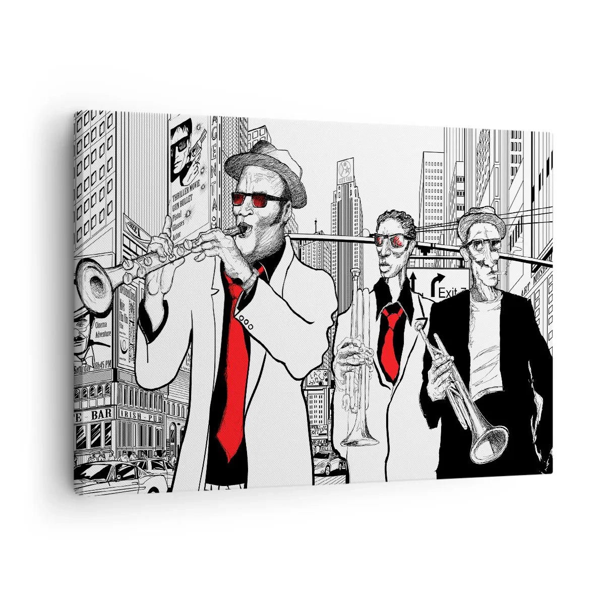 Cuadro sobre lienzo - Impresión de Imagen - Ilustración de músicos de jazz con un fondo urbano - 70x50cm - Rapsodia urbana en negro y rojo - Decoración de pared moderna para salón y dormitorio ARTTOR