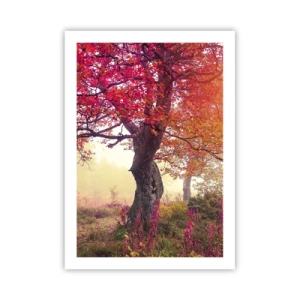 Póster - Un árbol con hojas rojas en un paisaje otoñal. - 50x70cm - Un frenesí de floración - Decoración de pared moderna para salón y dormitorio ARTTOR