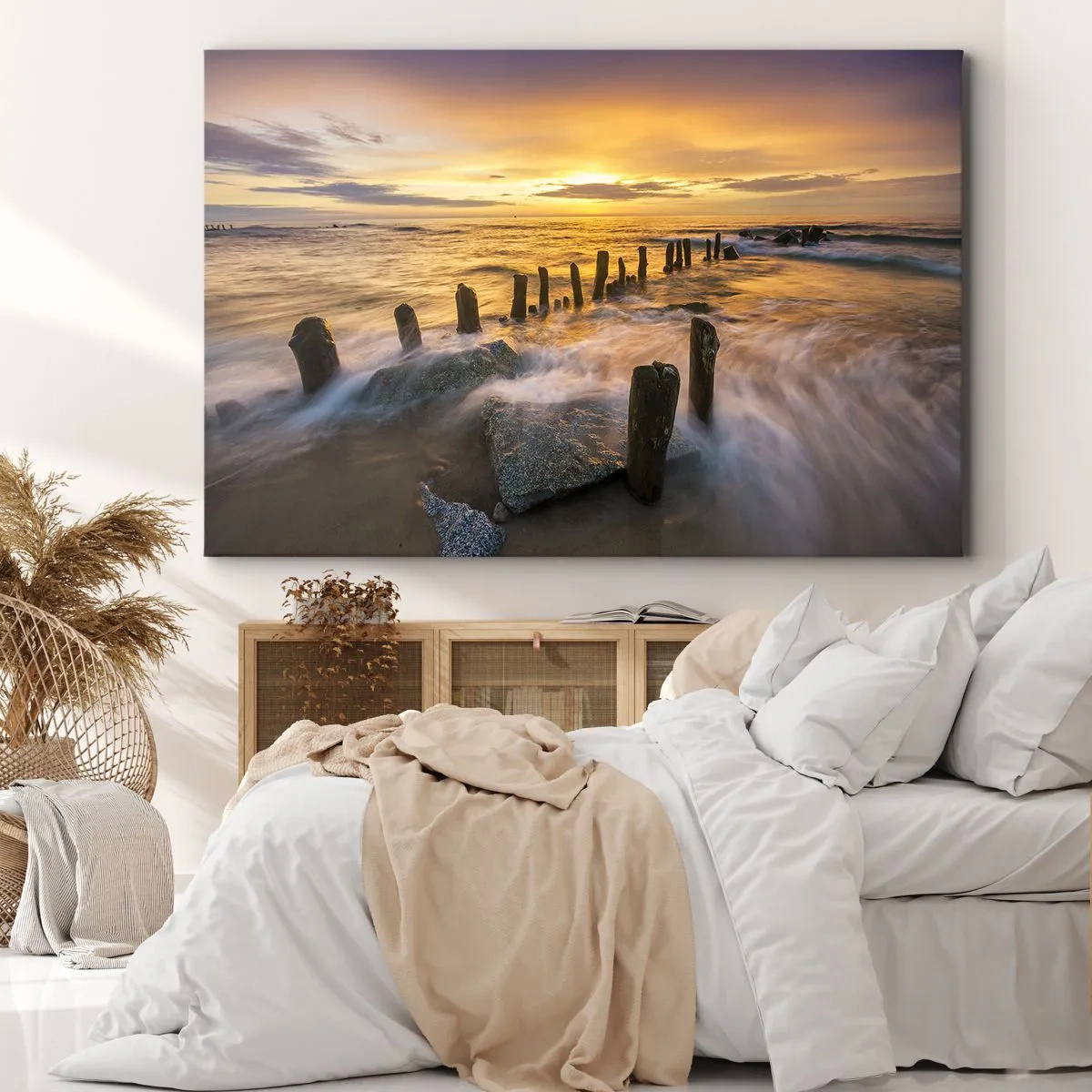 Cuadro sobre lienzo - Impresión de Imagen - Puesta de sol sobre el mar con los restos de un antiguo muelle - 120x80cm - La cruda belleza del Báltico - Decoración de pared moderna para salón y dormitorio ARTTOR