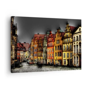 Cuadro sobre lienzo - Impresión de Imagen - Coloridas casas de vecindad en una calle adoquinada en el centro histórico - 70x50cm - Solo falta un carruaje encantado - Decoración de pared moderna para salón y dormitorio ARTTOR