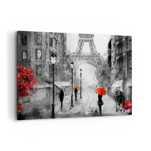 Cuadro sobre lienzo - Impresión de Imagen - Una calle con vistas a la Torre Eiffel y sombrillas rojas. - 100x70cm - Todos los caminos conducen a ella - Decoración de pared moderna para salón y dormitorio ARTTOR