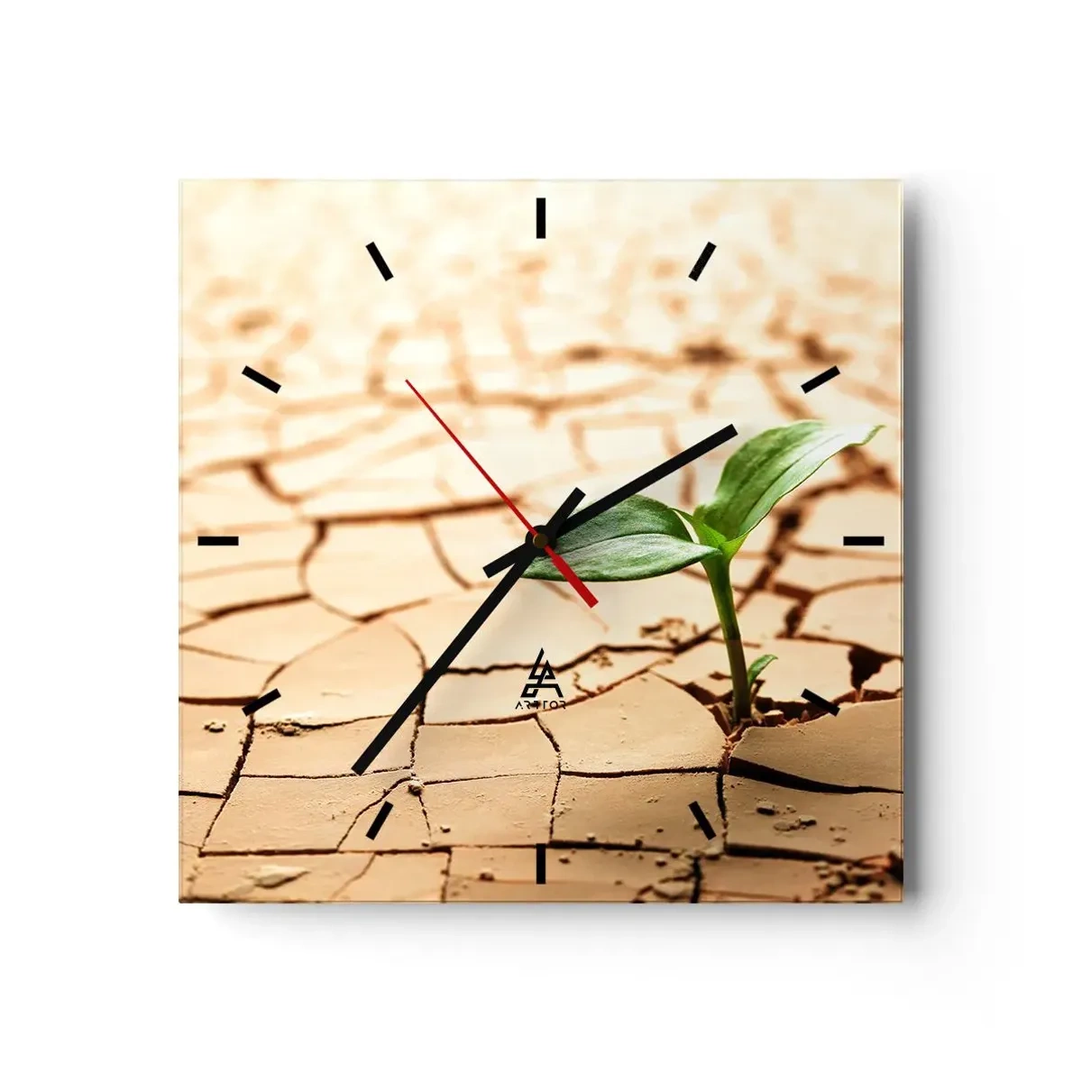 Reloj de pared - Reloj de vidrio - Una planta verde que crece en tierra seca y agrietada. - 30x30cm - El poder indomable de la vida - Decoración de pared moderna para salón y dormitorio ARTTOR