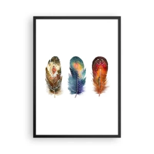 Póster en marco negro - Plumas de colores en un estilo artístico sobre un fondo blanco. - 50x70cm - Rituales, ceremonias, secretos - Decoración de pared moderna para salón y dormitorio ARTTOR
