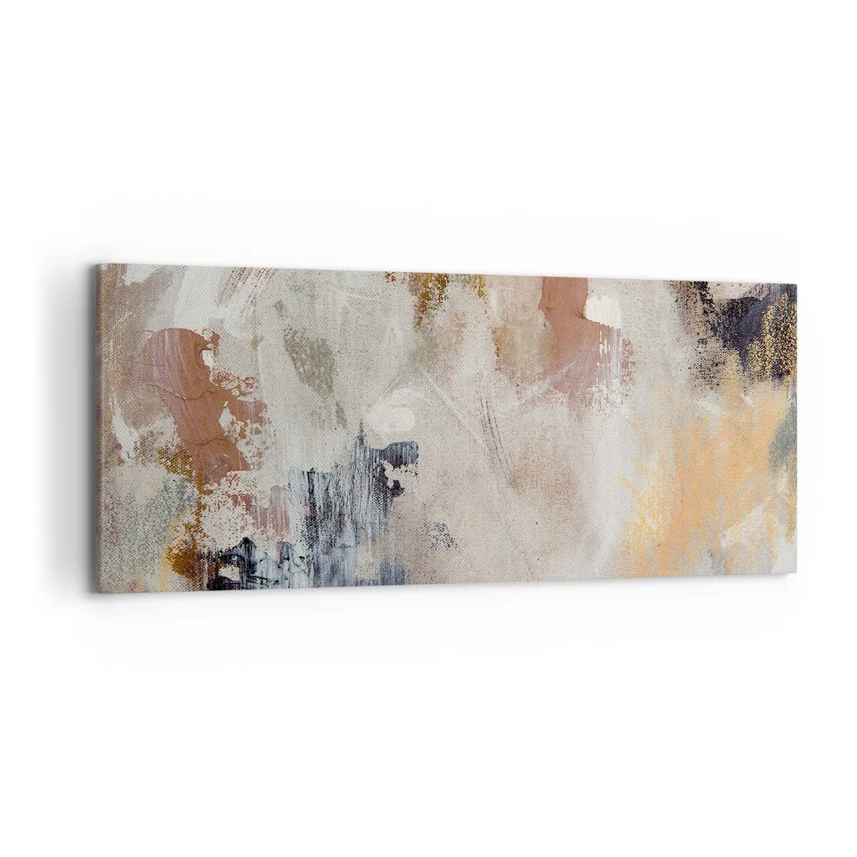 Cuadro sobre lienzo - Impresión de Imagen - Manchas abstractas en tonos apagados de beige y dorado. - 120x50cm - Abstracción brumosa - Decoración de pared moderna para salón y dormitorio ARTTOR