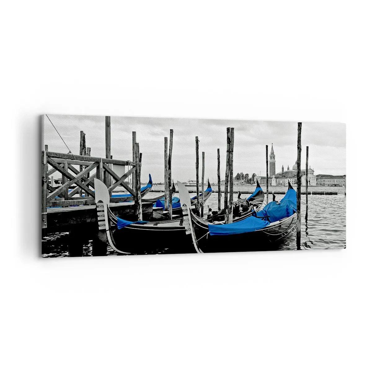 Cuadro sobre lienzo - Impresión de Imagen - Góndolas en Venecia con cubiertas azules - 120x50cm - Venecia en el pensamiento - Decoración de pared moderna para salón y dormitorio ARTTOR