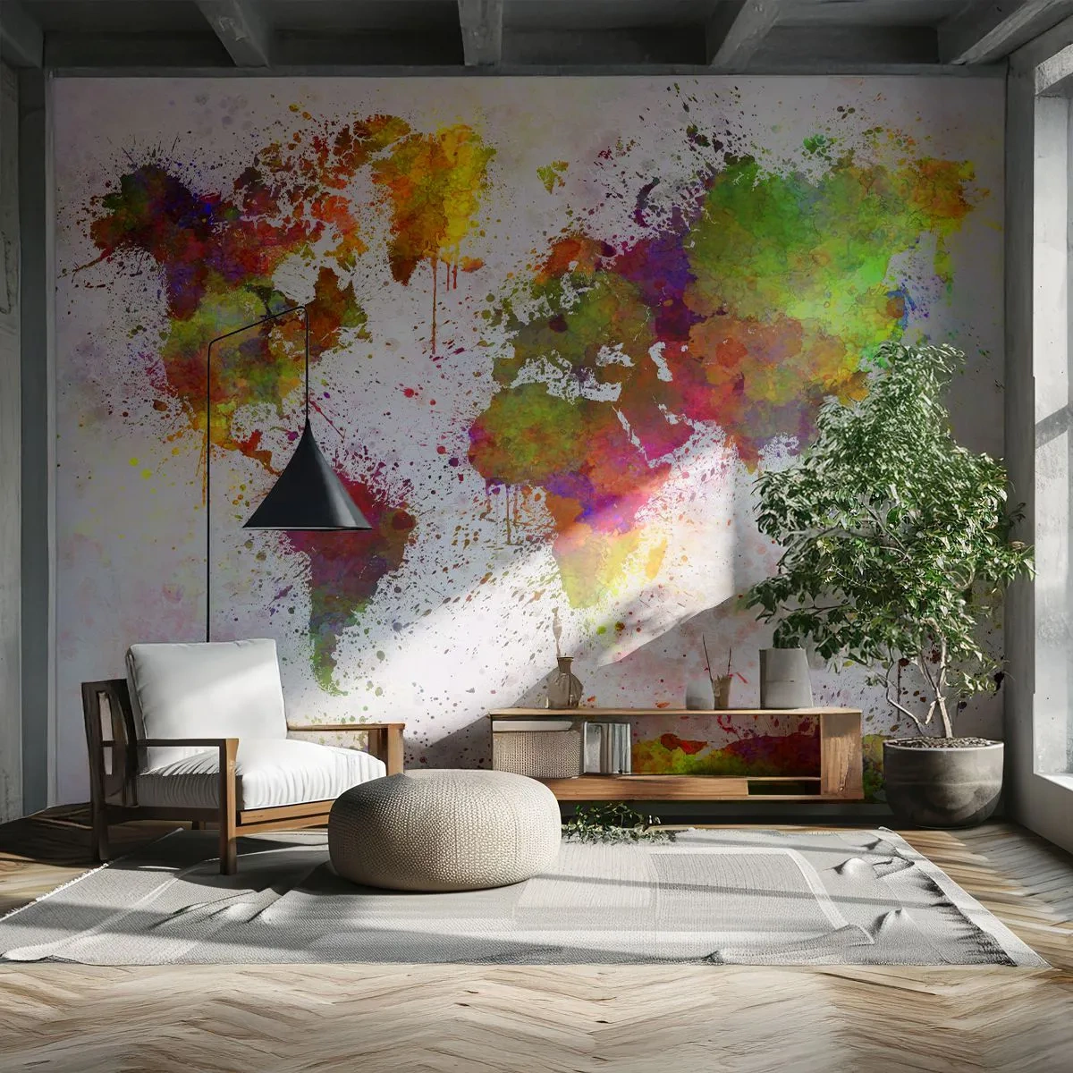 Fotomural Standard Eco - Mapa del mundo colorido en estilo abstracto de acuarela - 100x70cm - De alguna manera, simplemente quedó así - Decoración de pared moderna para salón y dormitorio ARTTOR