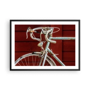 Póster en marco negro - Una bicicleta vintage contra una pared de madera roja. - 70x50cm - Creada para las victorias - Decoración de pared moderna para salón y dormitorio ARTTOR