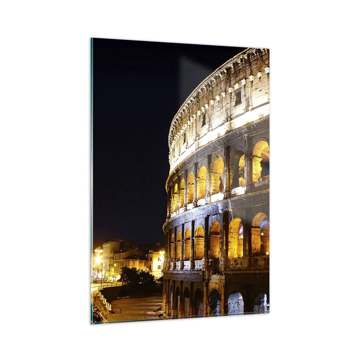 Cuadro sobre vidrio - Impresiones sobre Vidrio - El Coliseo de noche con arcos iluminados - 50x70cm - Los juegos están a punto de comenzar - Decoración de pared moderna para salón y dormitorio ARTTOR