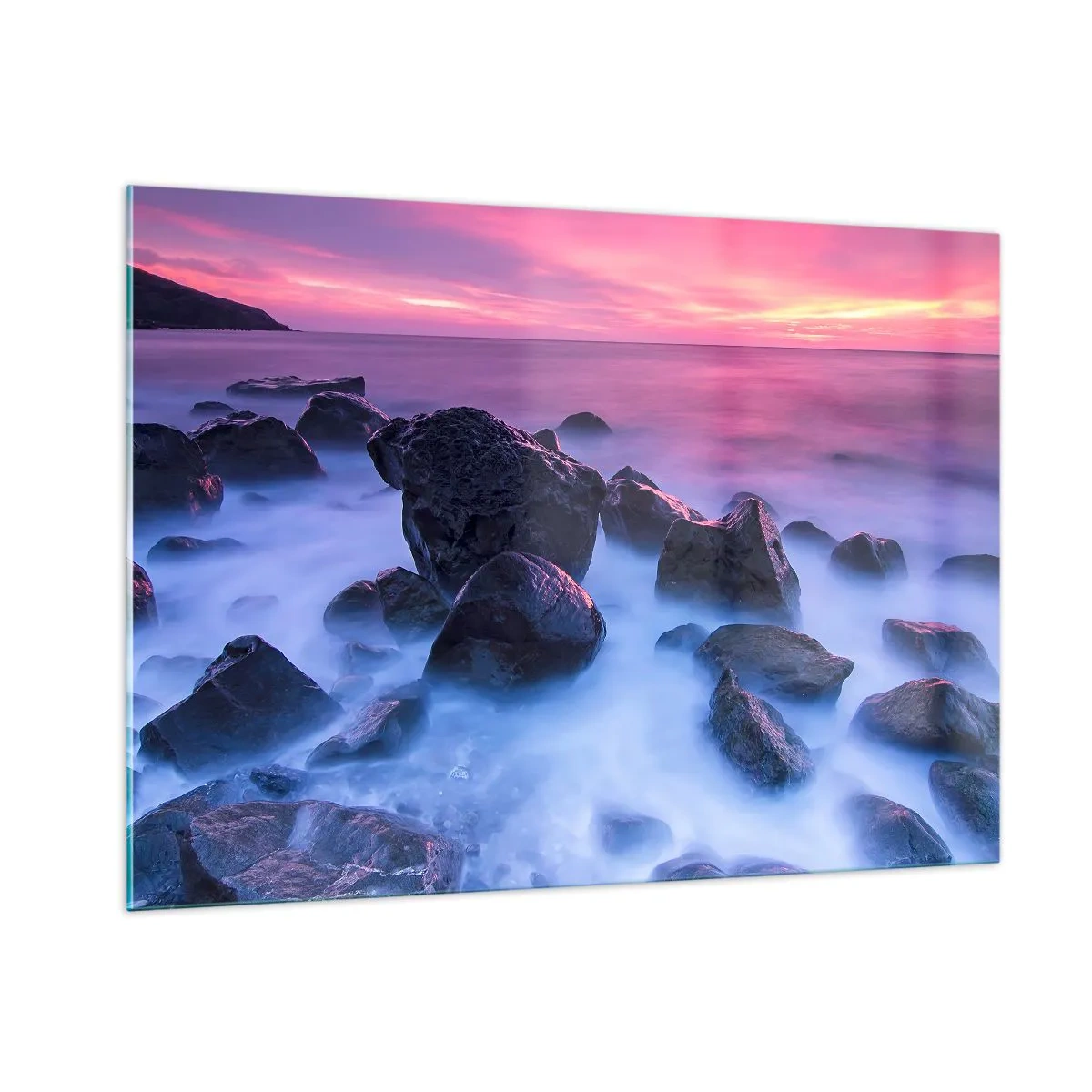 Cuadro sobre vidrio - Impresiones sobre Vidrio - Olas rompiendo en las rocas al atardecer - 100x70cm - Nacimiento en la luz y la niebla - Decoración de pared moderna para salón y dormitorio ARTTOR