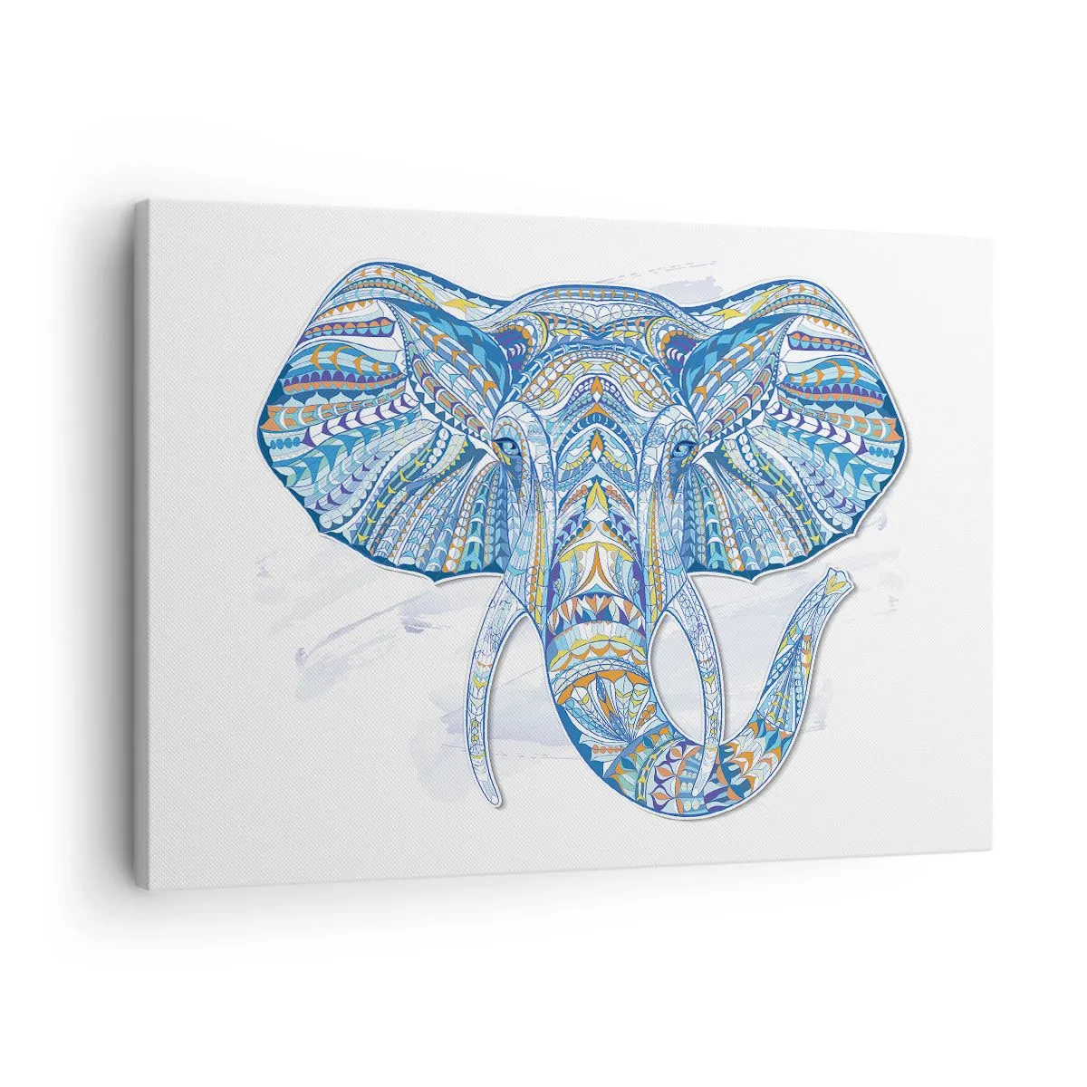 Cuadro sobre lienzo - Impresión de Imagen - Elefante geométrico en tonos azules y dorados. - 70x50cm - Con incrustaciones de oro y azul - Decoración de pared moderna para salón y dormitorio ARTTOR