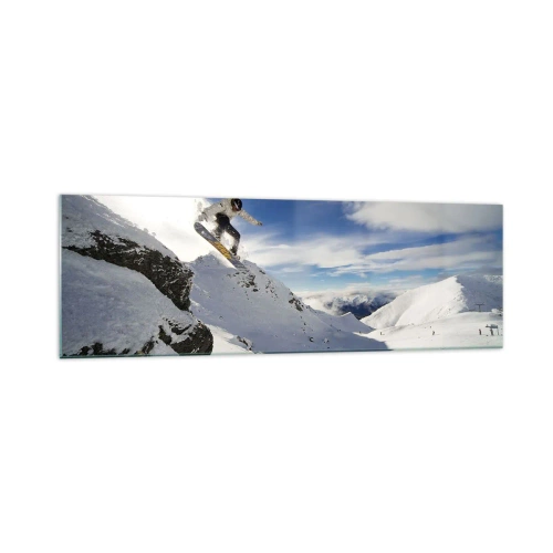 Cuadro sobre vidrio - Impresiones sobre Vidrio - Un snowboarder salta desde un acantilado con montañas cubiertas de nieve al fondo. - 160x50cm - Libertad sin fronteras - Decoración de pared moderna para salón y dormitorio ARTTOR
