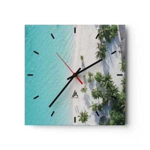 Reloj de pared - Reloj de vidrio - Una vista de pájaro de una playa tropical con agua turquesa y palmeras. - 30x30cm - Vacaciones en el paraíso - Decoración de pared moderna para salón y dormitorio ARTTOR