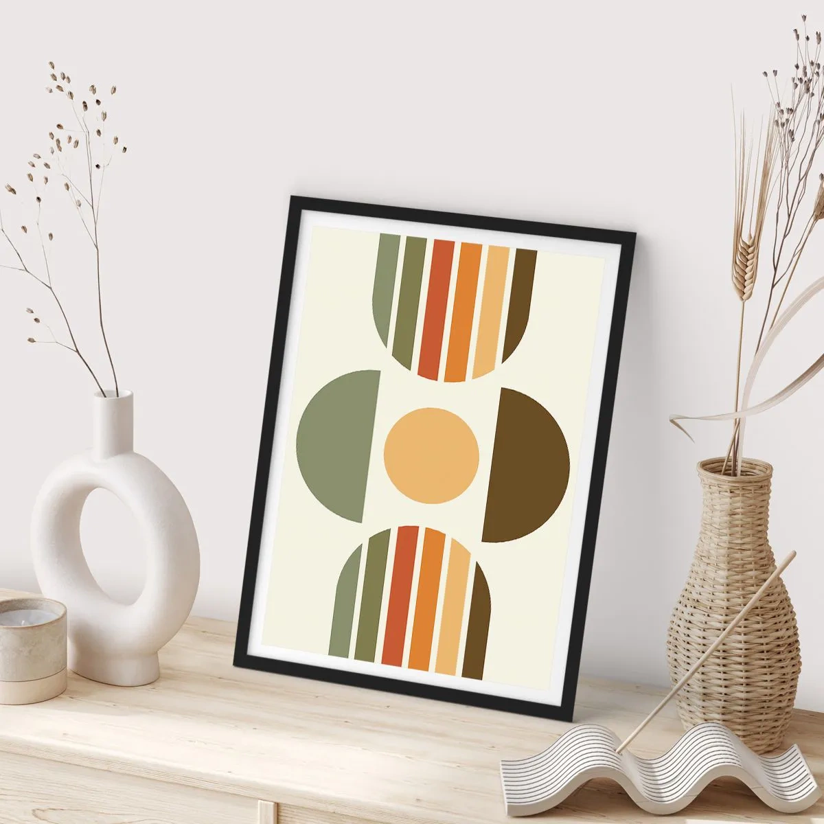 Póster en marco negro - Patrón geométrico abstracto en tonos tierra con círculos y semicírculos. - 50x70cm - Los tonos de la tierra - Decoración de pared moderna para salón y dormitorio ARTTOR