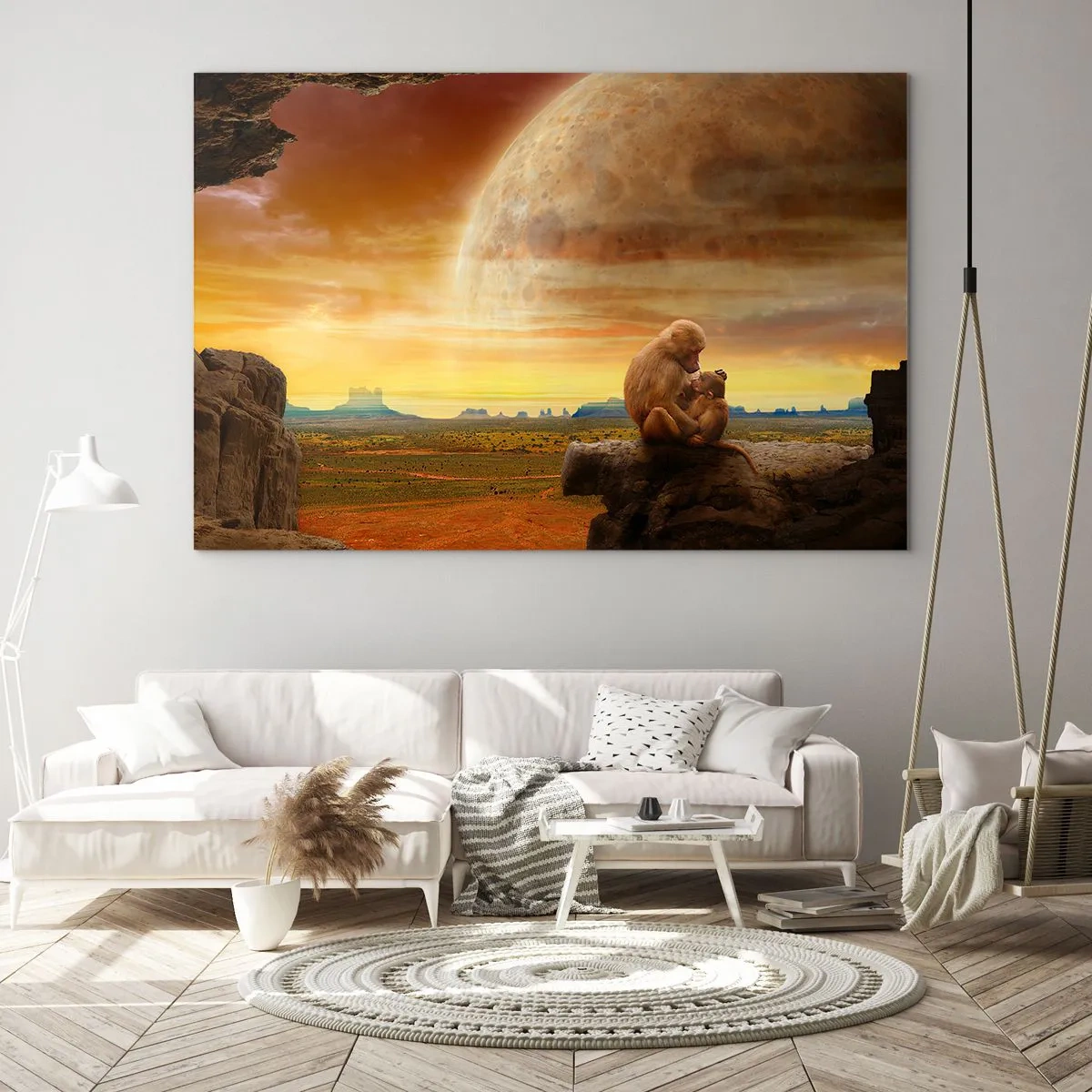 Cuadro sobre vidrio - Impresiones sobre Vidrio - Monos sentados en una roca con una enorme luna de fondo. - 120x80cm - El amor es igual en todas partes - Decoración de pared moderna para salón y dormitorio ARTTOR