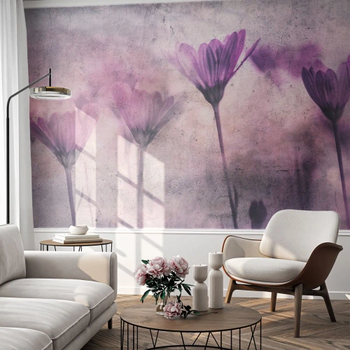 Fotomural Premium Sand - Delicadas flores moradas sobre un fondo texturizado. - 100x70cm - Sueño de flores - Decoración de pared moderna para salón y dormitorio ARTTOR