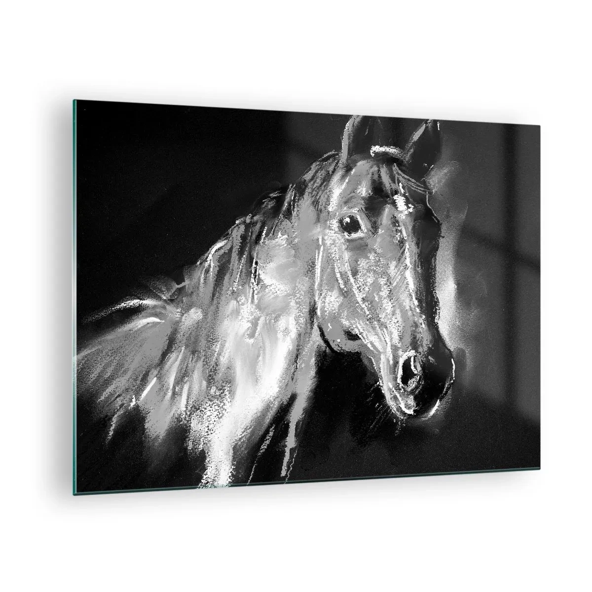 Cuadro sobre vidrio - Impresiones sobre Vidrio - Retrato de un caballo en tonos blanco y negro sobre un fondo oscuro. - 70x50cm - El brillo de un alma noble - Decoración de pared moderna para salón y dormitorio ARTTOR