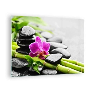 Cuadro sobre vidrio - Impresiones sobre Vidrio - Orquídea, piedras negras y bambú en un arreglo tranquilo. - 70x50cm - En equilibrio pacífico - Decoración de pared moderna para salón y dormitorio ARTTOR