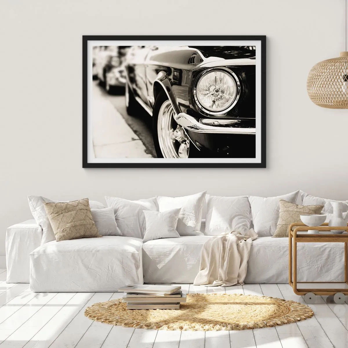 Póster en marco negro - Un coche clásico icónico en elegante blanco y negro. - 70x50cm - Brillo perdurable - Decoración de pared moderna para salón y dormitorio ARTTOR