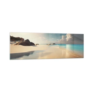 Cuadro sobre vidrio - Impresiones sobre Vidrio - Una playa soleada con mar azul y rocas. - 160x50cm - Un día de ensueño - Decoración de pared moderna para salón y dormitorio ARTTOR