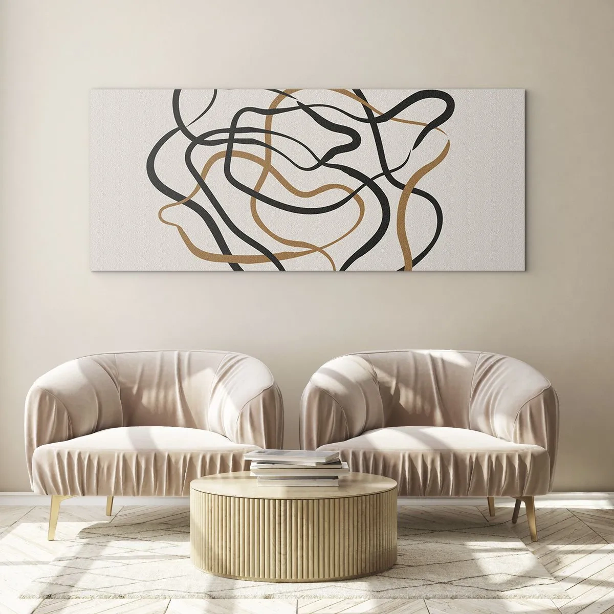 Cuadro sobre vidrio - Impresiones sobre Vidrio - Líneas enredadas en negro y dorado sobre un fondo claro. - 160x50cm - Todo ha salido mal - Decoración de pared moderna para salón y dormitorio ARTTOR