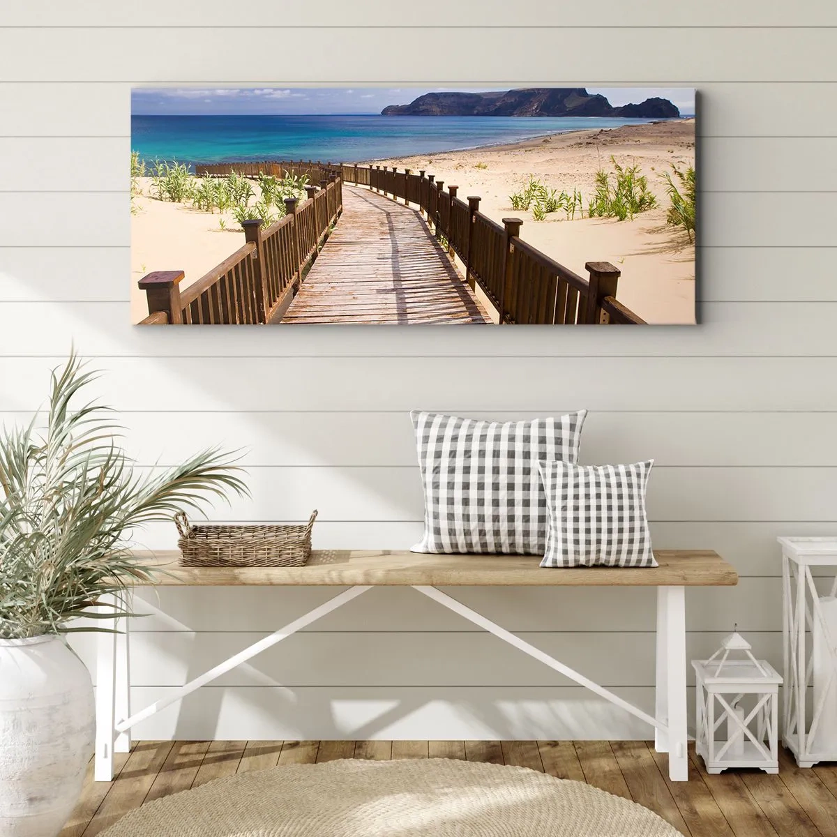 Cuadro sobre lienzo - Impresión de Imagen - Camino de madera que conduce a la playa con vistas al mar. - 140x50cm - Llévame a la isla de la felicidad - Decoración de pared moderna para salón y dormitorio ARTTOR