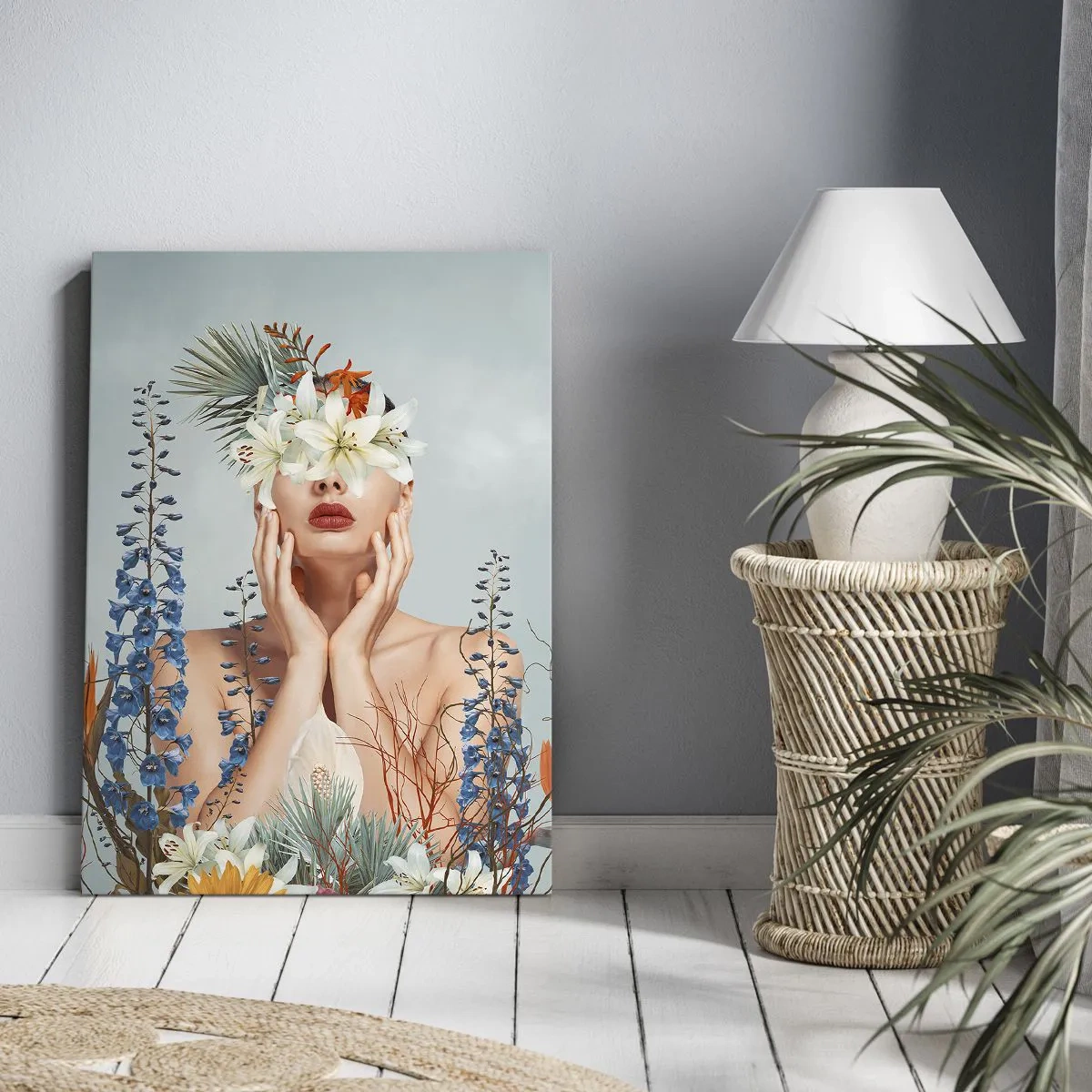 Cuadro sobre lienzo - Impresión de Imagen - Retrato de una mujer con un motivo floral sobre un fondo azul. - 80x120cm - Mujer-flor - Decoración de pared moderna para salón y dormitorio ARTTOR