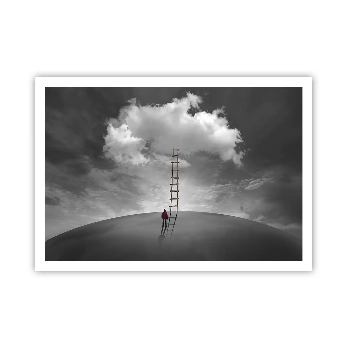 Póster - Una persona con un abrigo rojo y una escalera que conduce a una nube. - 100x70cm - Todo es posible - Decoración de pared moderna para salón y dormitorio ARTTOR