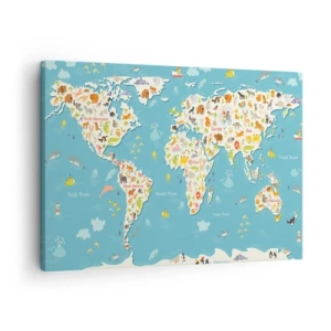 Cuadro sobre lienzo - Impresión de Imagen - Mapa del mundo colorido con ilustraciones de animales - 70x50cm - Amamos al mundo entero - Decoración de pared moderna para salón y dormitorio ARTTOR