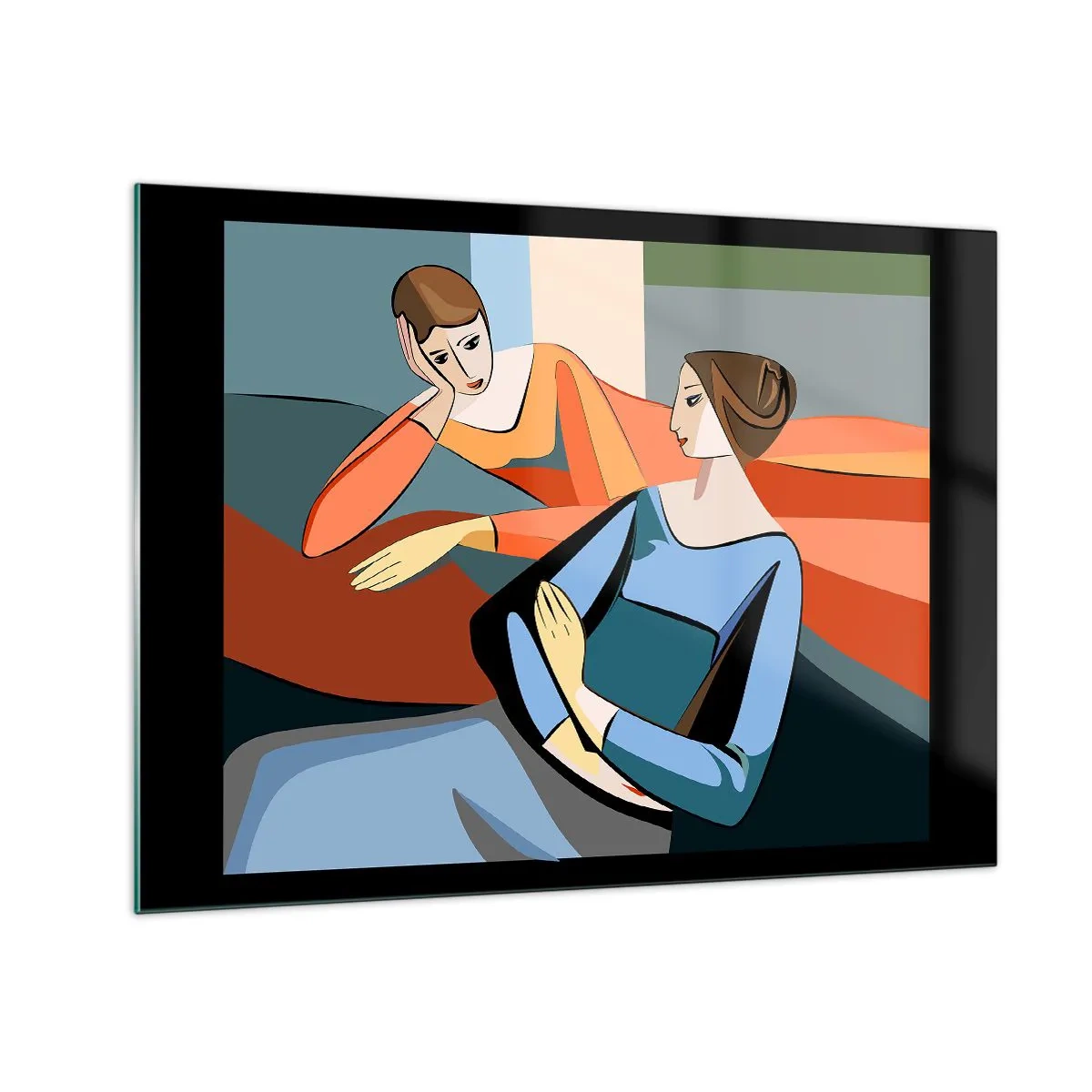 Cuadro sobre vidrio - Impresiones sobre Vidrio - Una escena geométrica de una conversación entre dos mujeres con el telón de fondo de un interior. - 70x50cm - Un momento de confidencias - Decoración de pared moderna para salón y dormitorio ARTTOR