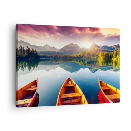 Cuadro sobre lienzo - Impresión de Imagen - Tres barcos de madera con el telón de fondo de un lago de montaña al atardecer - 70x50cm - Frente a la naturaleza - Decoración de pared moderna para salón y dormitorio ARTTOR