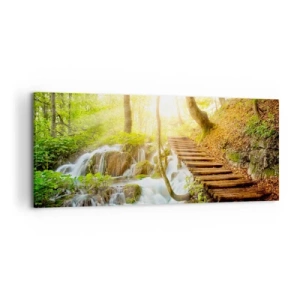 Cuadro sobre lienzo - Impresión de Imagen - Camino forestal con escaleras de madera junto a la cascada. - 120x50cm - El ansiado frescor - Decoración de pared moderna para salón y dormitorio ARTTOR