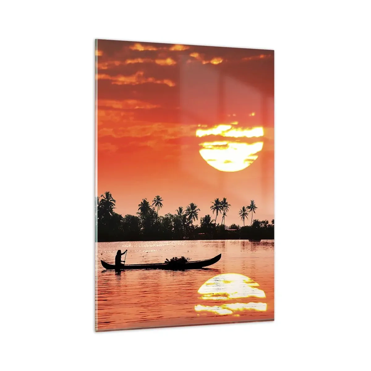 Cuadro sobre vidrio - Impresiones sobre Vidrio - Atardecer tropical con un barco y palmeras al fondo - 80x120cm - La paz de los trópicos al atardecer - Decoración de pared moderna para salón y dormitorio ARTTOR